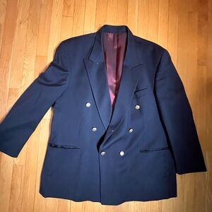 Classic Navy Blue Double-Breasted Wool Men's Blazer Gold buttons size 48R FLAW